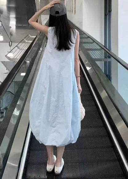 Fitted Beige O-neck Cotton Lantern Dress Sleeveless