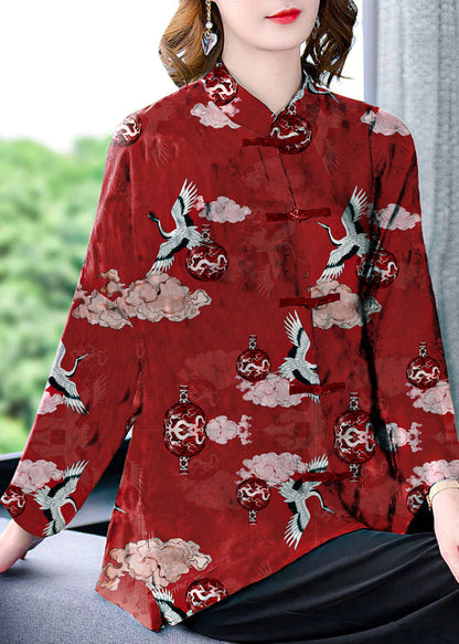 Original Black Mandarin Collar Button Print Silk Coats Long Sleeve