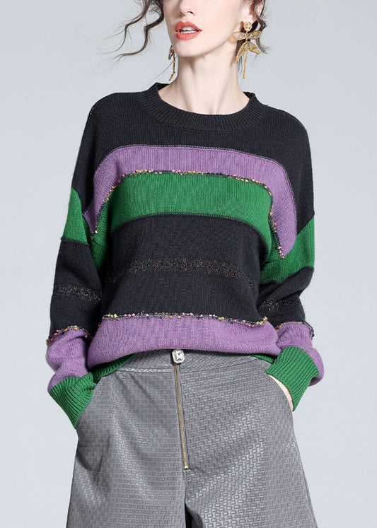 Purple O-neck Cozy Patchwork Wool Knit Sweater Winter
