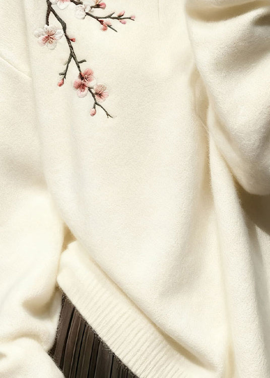 White Button Plum Blossom Knit Sweater Tops Winter