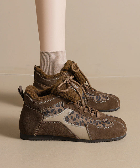 Comfy Splicing Platform Flat Shoes Leopard Suede Lace Up
