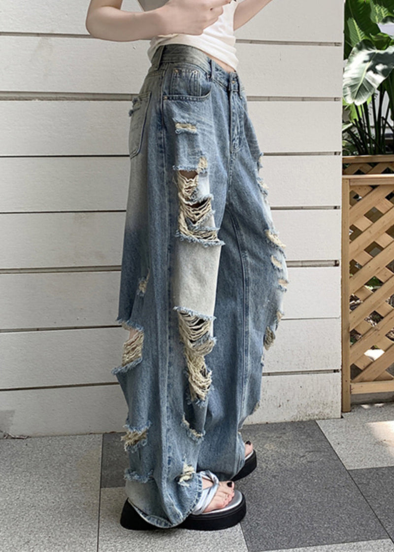 Blue Pockets Patchwork Hole Denim Pants Fall
