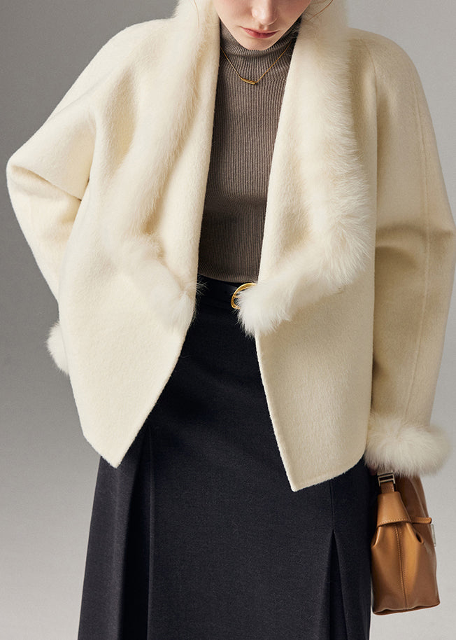 White Peter Pan Collar Patchwork Fox Fur Wool Cardigan Winter