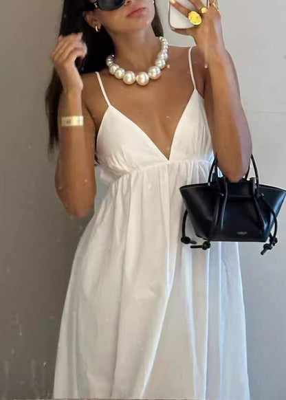 White Backless Cotton Spaghetti Strap Dress Summer