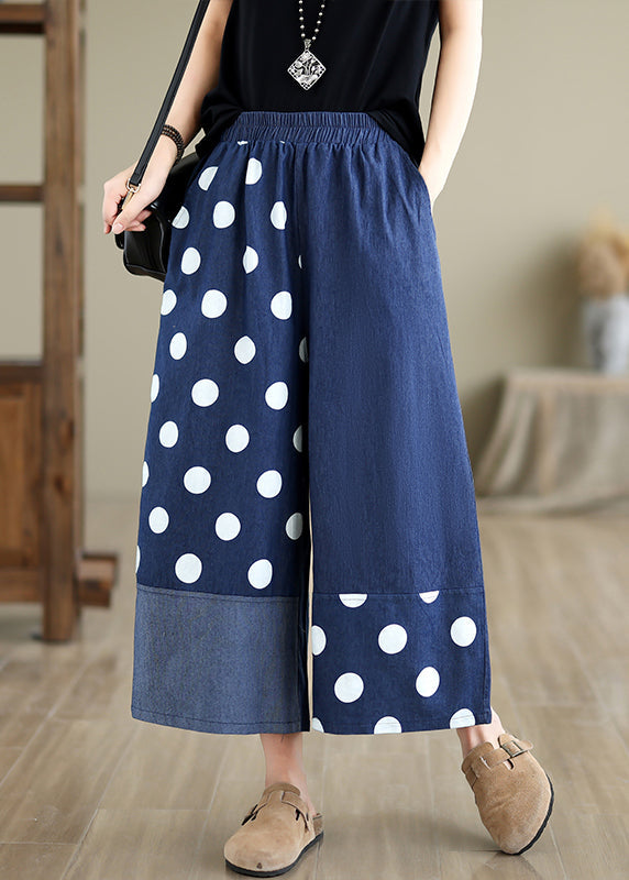 Blue Asymmetrical Patchwork Dot Print Pockets Wide Leg Pants Summer
