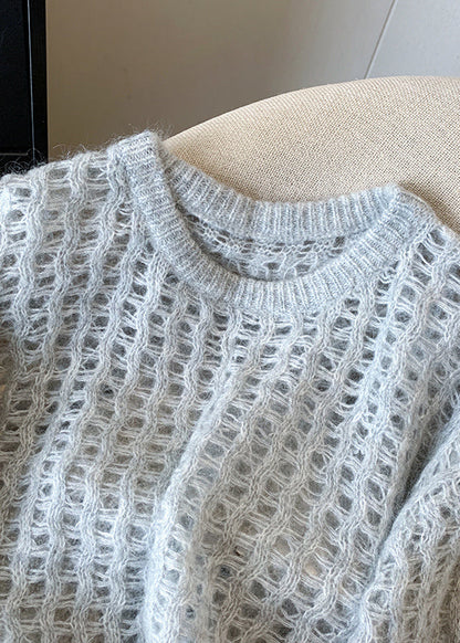 White O Neck Hollow Out Knit Pullover Fall
