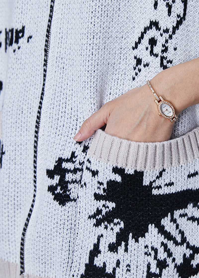 Grey Oversized Print Knit Cardigans Winter