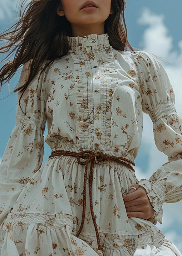 White Ruffled Print Patchwork Cotton Dress Long Sleeve