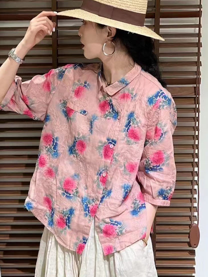 Summer Flower Slant Button-up Ramie Shirt