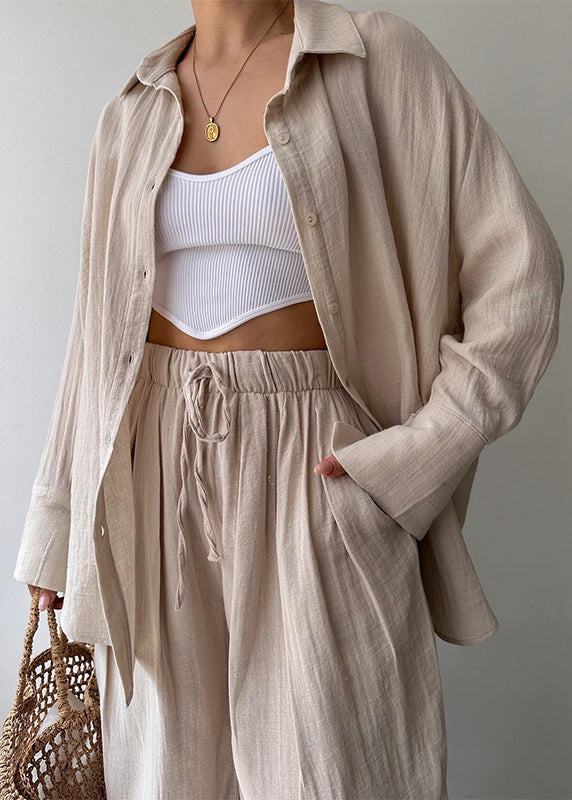 Khaki Shirts and Pants Cotton Two Pieces Set Long Sleeve