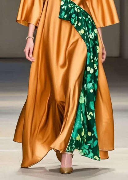 Orange Oversized Print Silk Maxi Dresses Spring