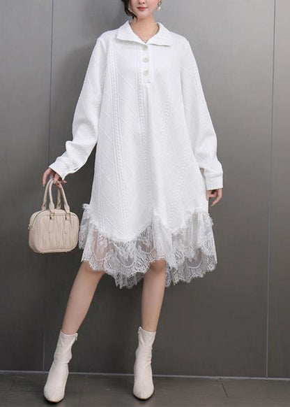 White Peter Pan Collar Lace Patchwork Long Dresses Spring