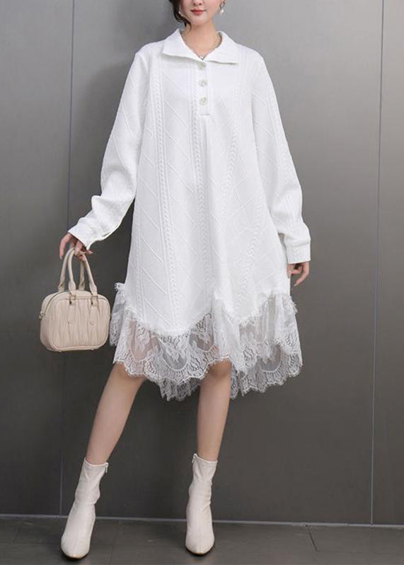 White Peter Pan Collar Lace Patchwork Long Dresses Spring