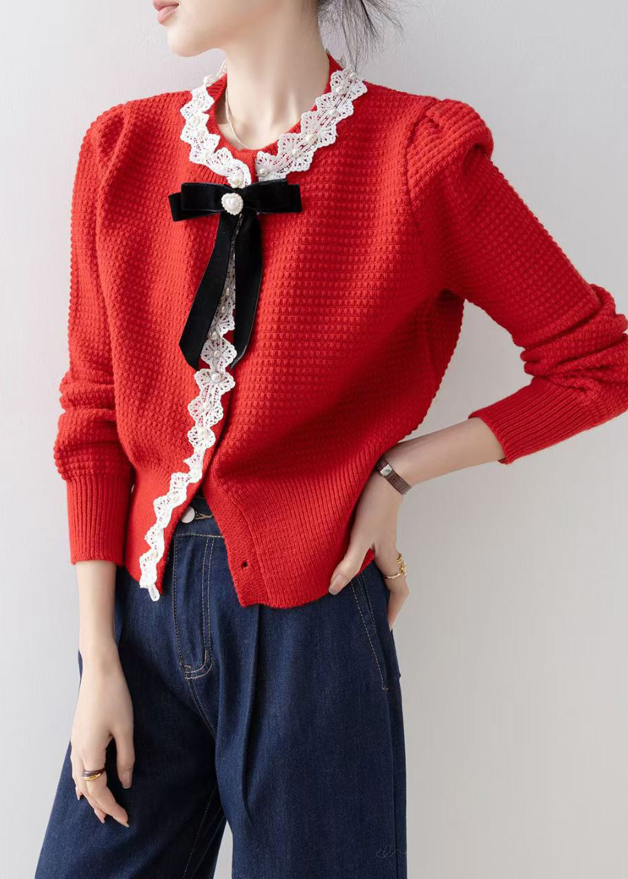 Red Bow Nail Bead Knit Cardigan Winter