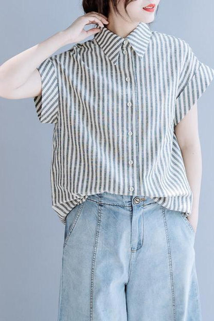 Gray Striped Cotton Linen Blouse Summer Tops