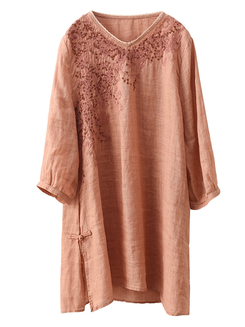 Summer Artsy Embroidery Ramie Long Shirt