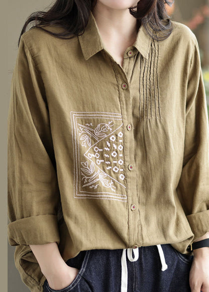 Khaki Lapel Embroidered Wrinkled Linen Shirt Tops Spring