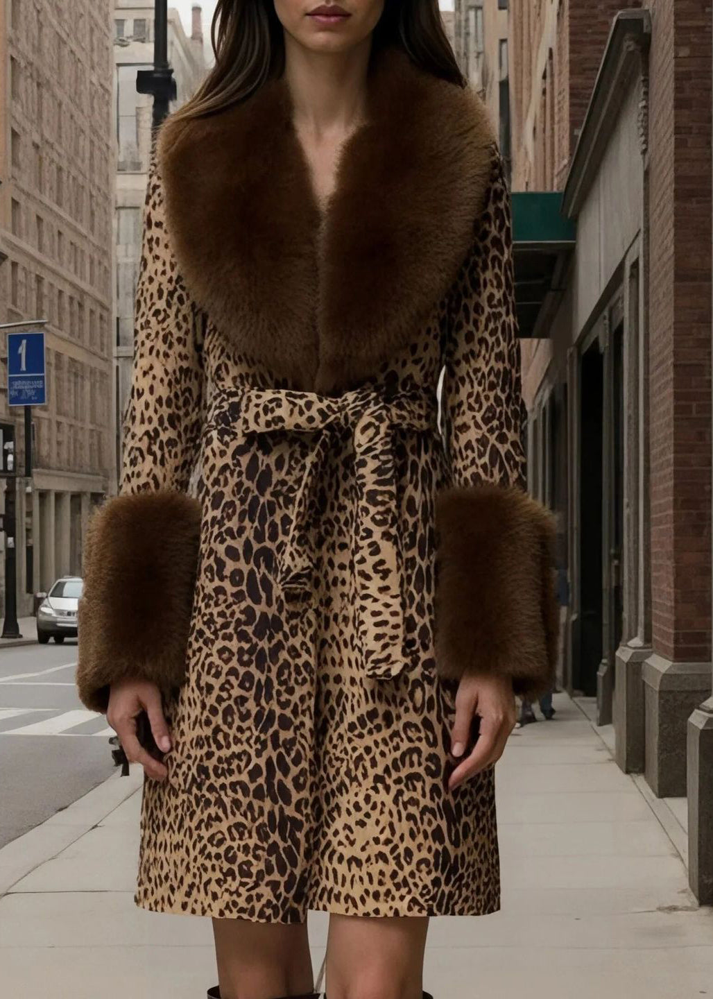 New Leopard Peter Pan Collar Lace Up Fuzzy Fur Fluffy Coat Fall
