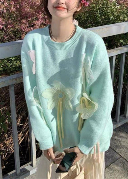 Blue O-neck Thick Cotton Knit Sweater Fall