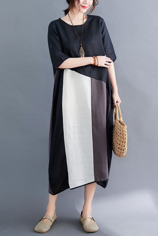 -summer Loose Colorblock Cotton Linen Dress
