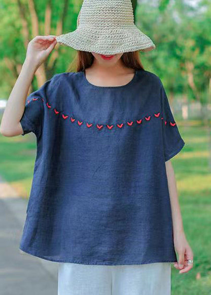 Navy O-neck Embroidered Cotton Tank Tops Short Sleeve