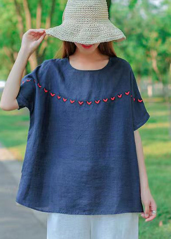 Navy O-neck Embroidered Cotton Tank Tops Short Sleeve