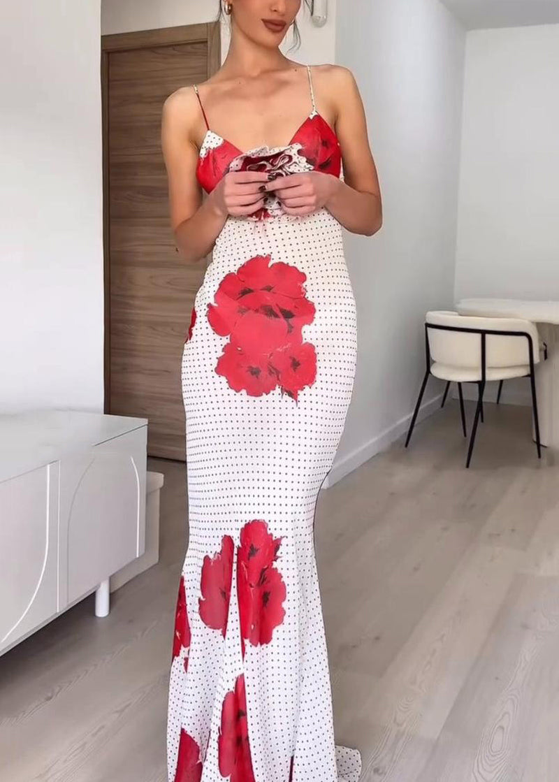 White V Neck Print Chiffon Spaghetti Strap Dress Sleeveless