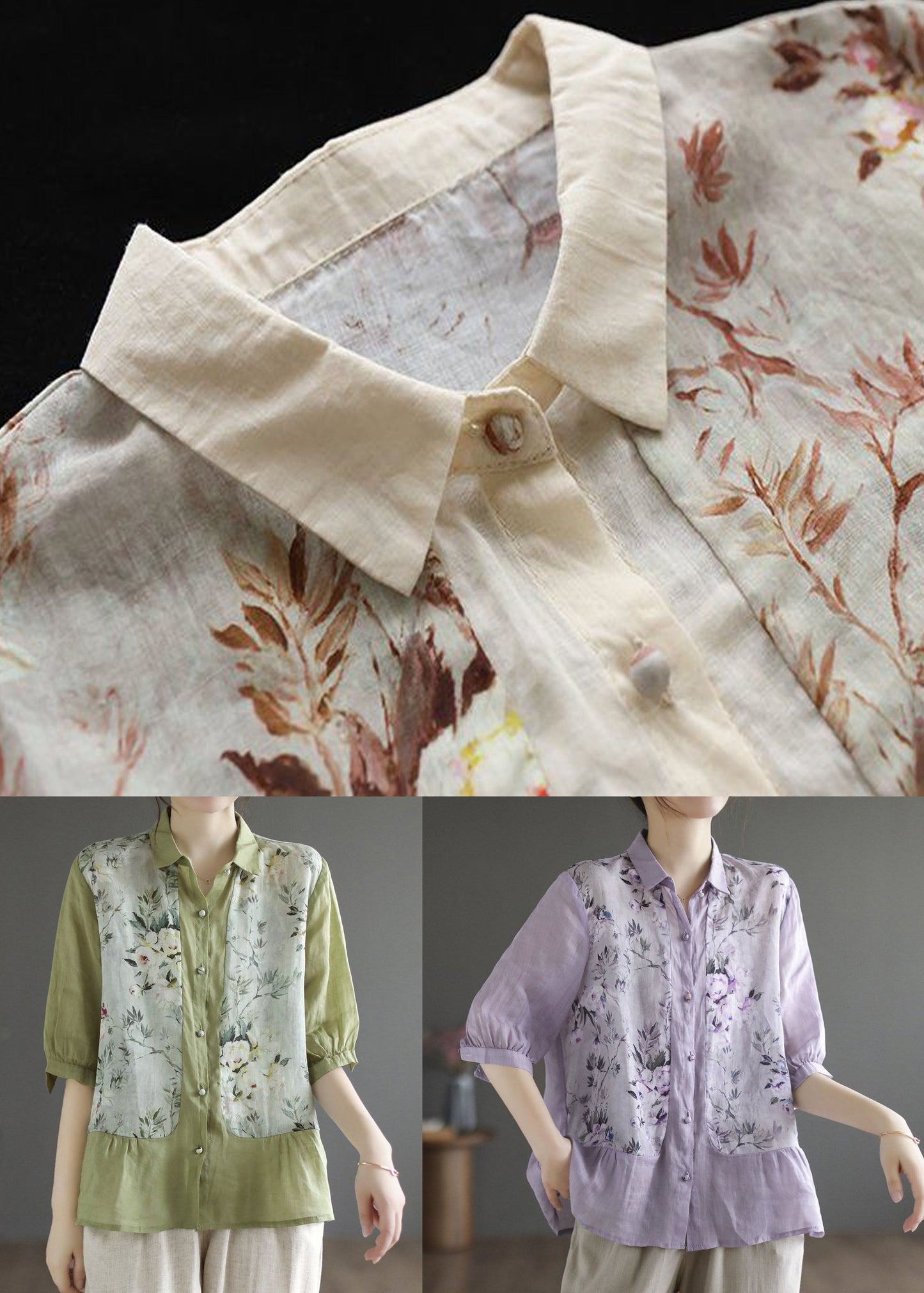 Green Peter Pan Collar Print Linen Top Summer