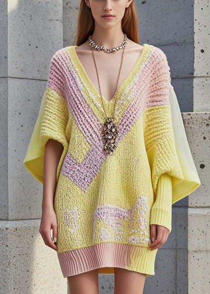 Yellow Asymmetrical Patchwork Long Knit Dress Fall