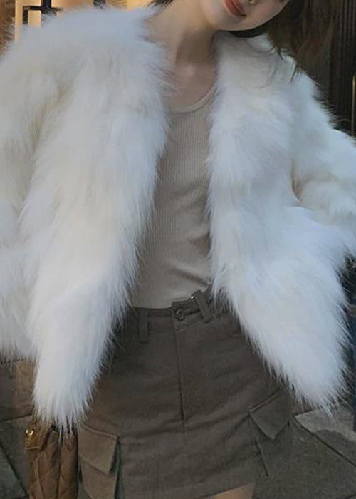 New White O Neck Leather and Fur Coats Spring