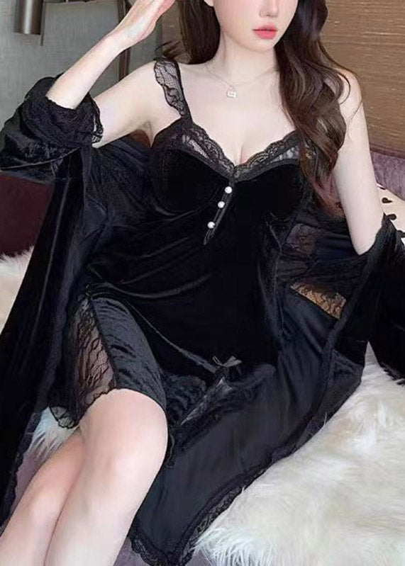 Purple V Neck Patchwork Silk Velour Blended Cardigans and Slips Lingerie Sets