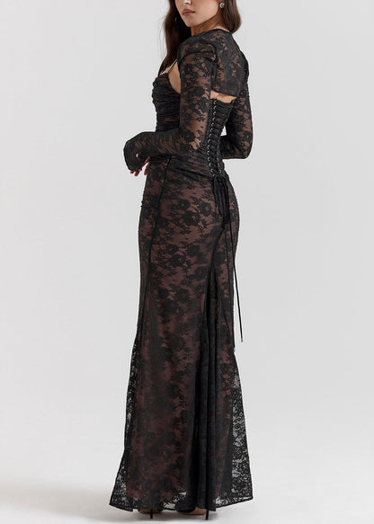 French Black Back Cross Strap Silm Fit Lace Party Dress Two Piece Set Sleeveless
