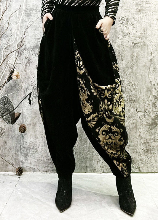 Black Embroidered Pockets Patchwork Corduroy Lantern Pants Spring
