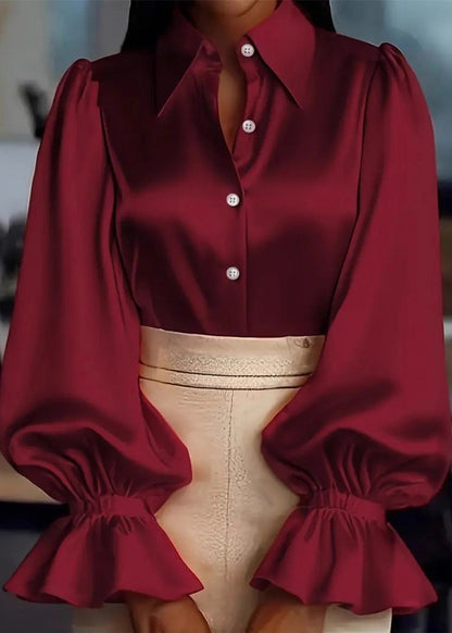Apricot Peter Pan Collar Puff Sleeve Silk Shirts Top