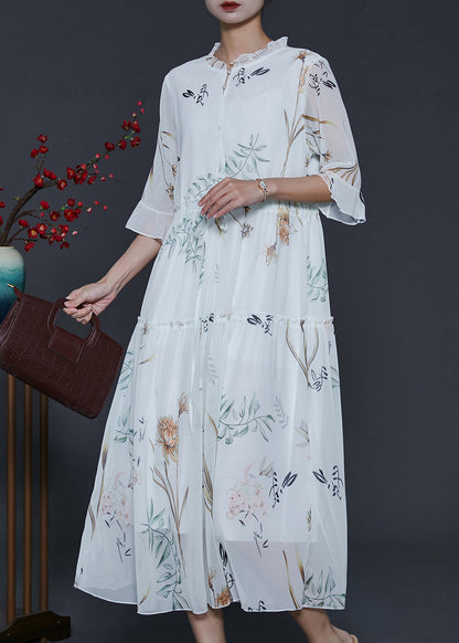 White Ruffled Print Chiffon Cinched Dresses Summer
