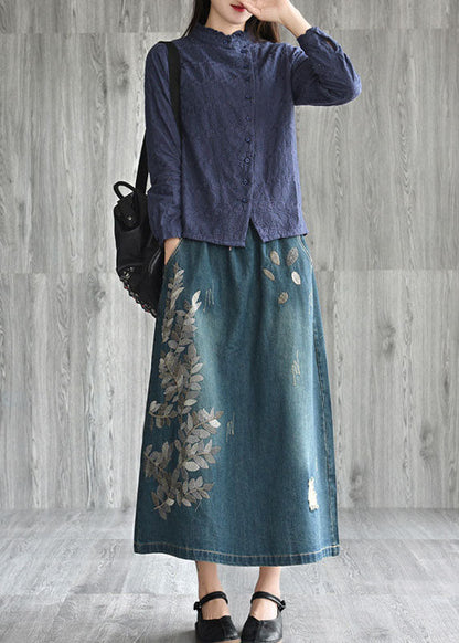 Unique Navy Patchwork Embroidered Denim Skirt Spring
