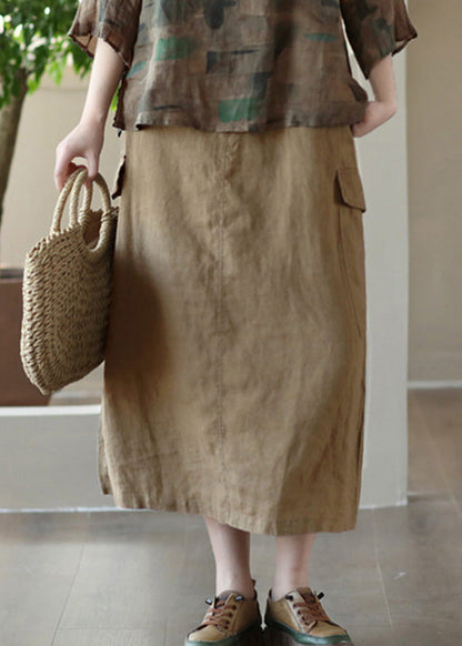 Classy Khaki Patchwork High Waist Linen a Line Skirts Summer