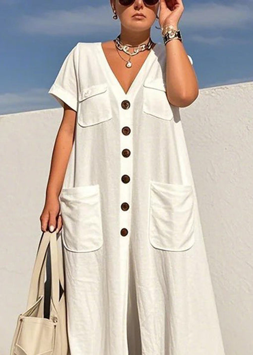 Style White V Neck Button Pockets Cotton Jumpsuits Summer