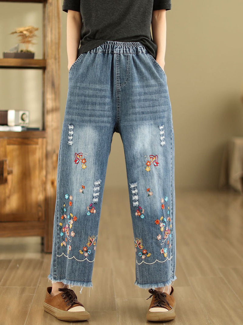 Summer Retro Embroidery Frayed Straight Denim Pants