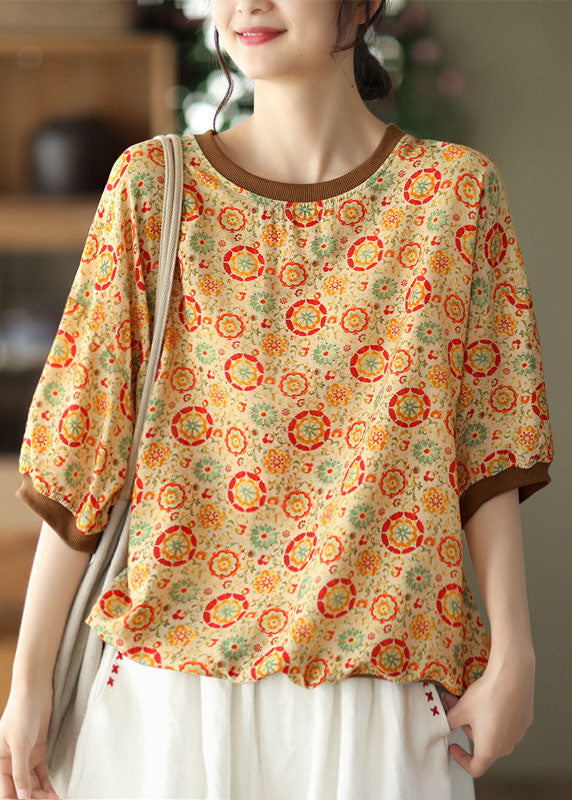 Yellow O Neck Print Patchwork Linen Top Summer