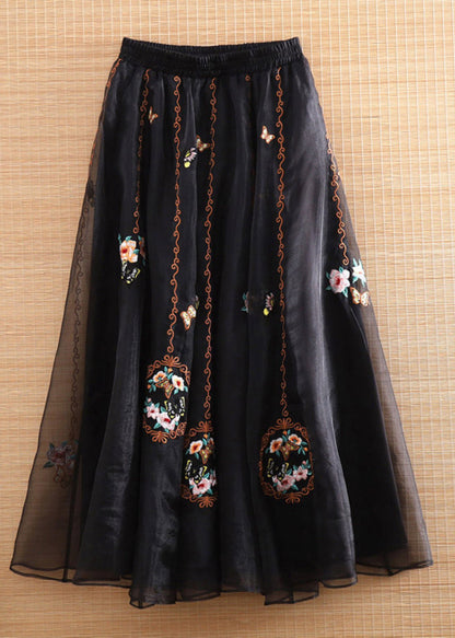 Black Elastic Waist Embroidered Tulle Maxi Skirts Summer
