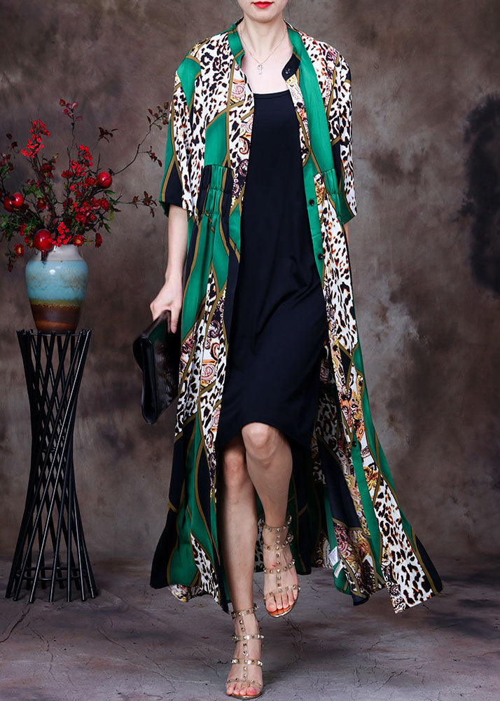 Green Stand Collar Leopard Print Button Wrinkled Silk Long Cardigans Summer