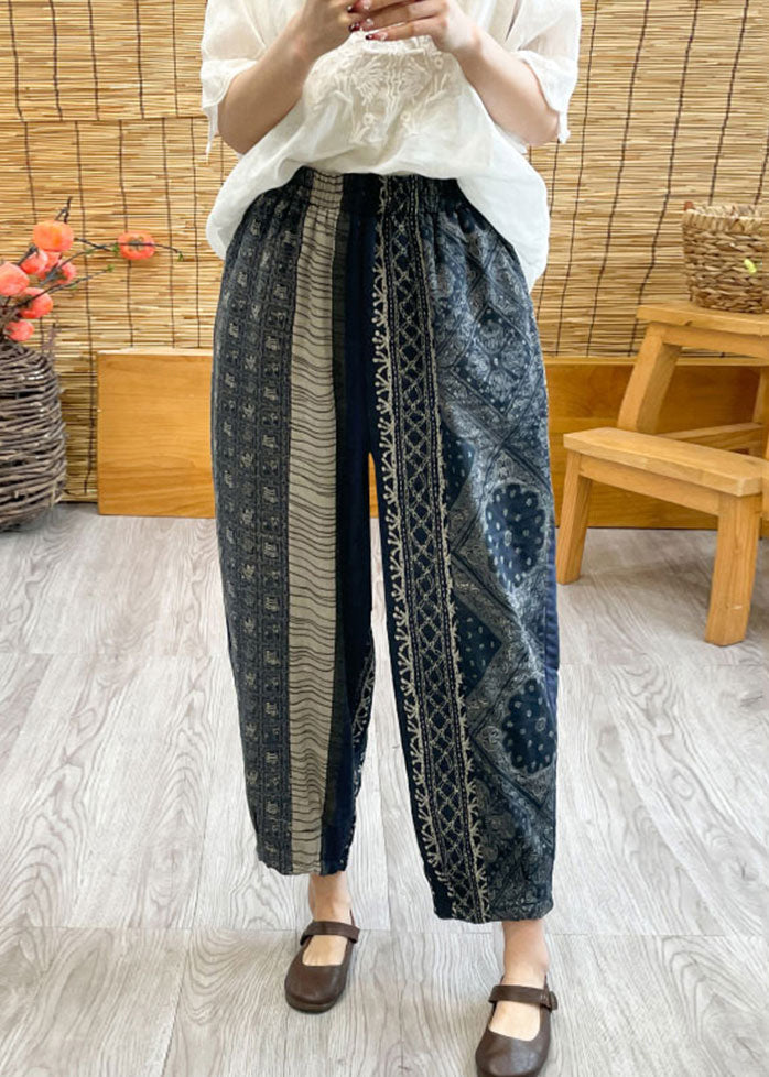Black Oversized Print Linen Harem Pants Spring