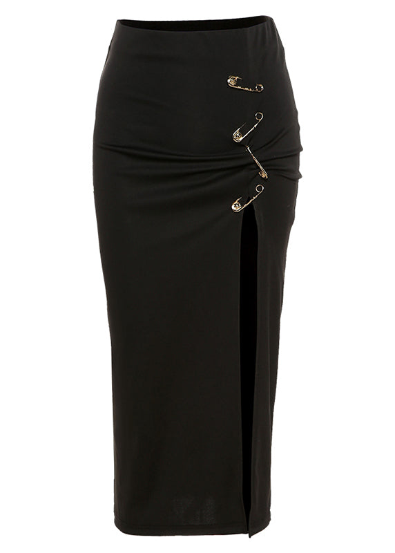Black High Waisted Pin Embellished Split Buttocks Skirts Summer