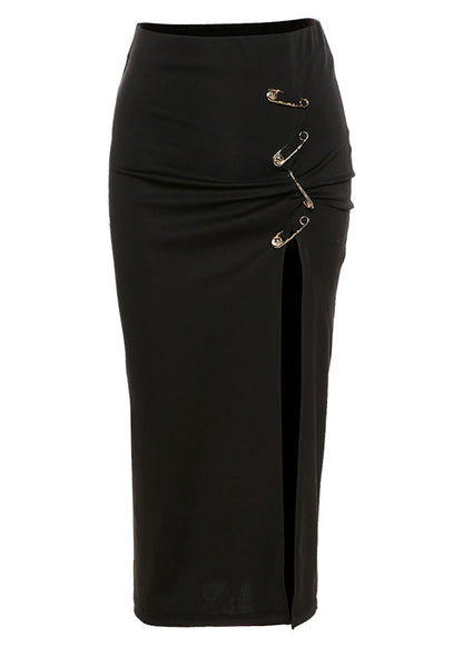 Black High Waisted Pin Embellished Split Buttocks Skirts Summer