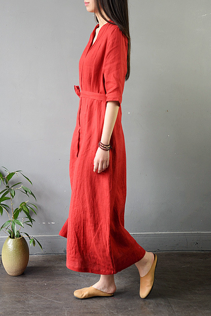 Summer Retro Linen Long Dress Loose 3/4 Sleeve Dress