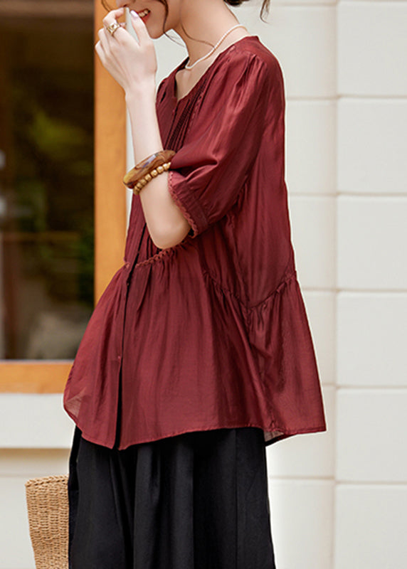 Rust Lace Patchwork Button Silk Shirt Summer
