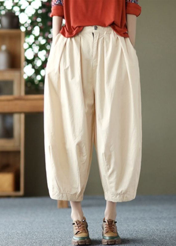 Beige Pockets Wrinkled Patchwork Linen Crop Pants Summer