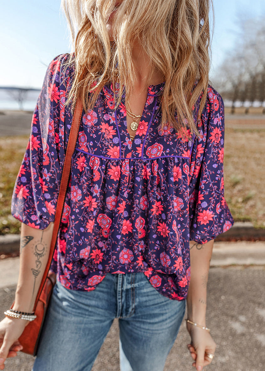 Purple O Neck Print Chiffon Top Summer
