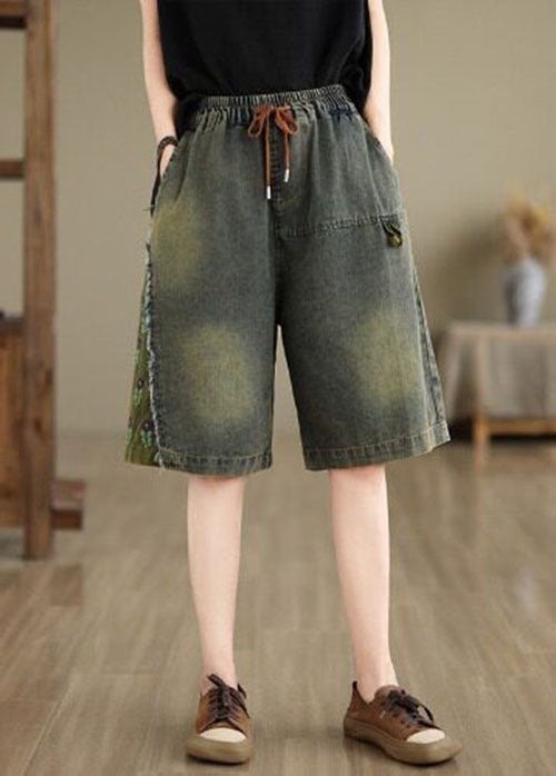 Summer Loose Embroidered Elastic Waist Denim Shorts